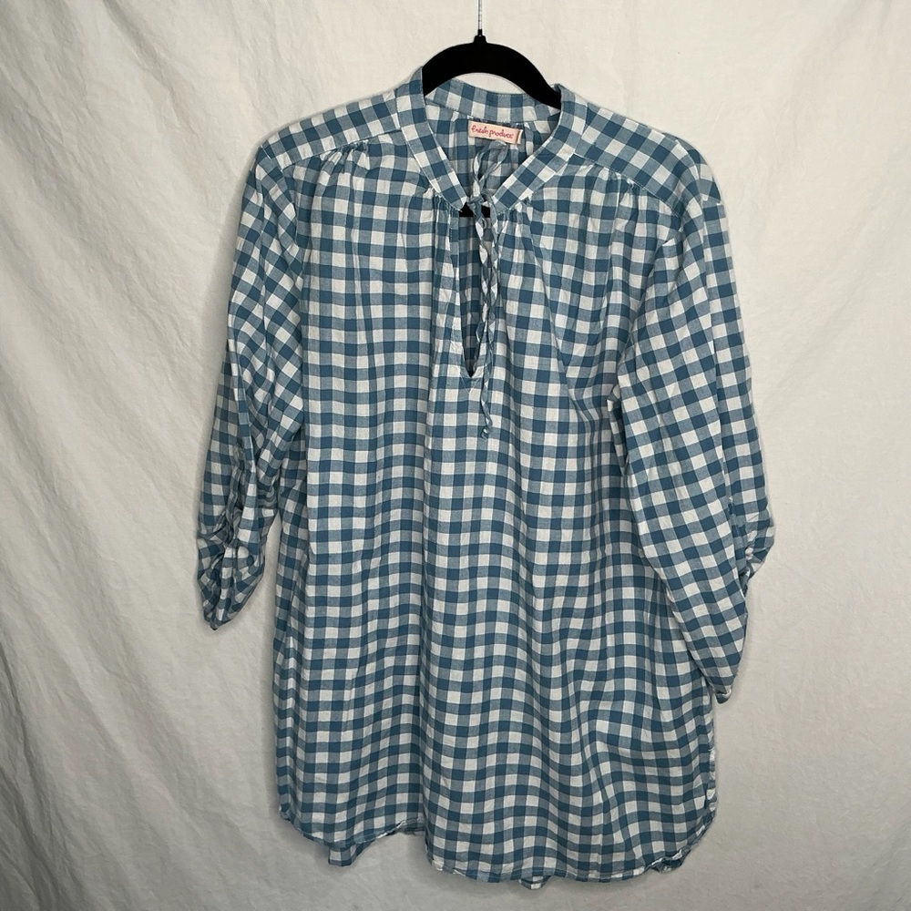 Fresh Produce Blue Gingham Tunic Top XL XXL 3/4 Sleeve Popover Hi Low Hem Casual